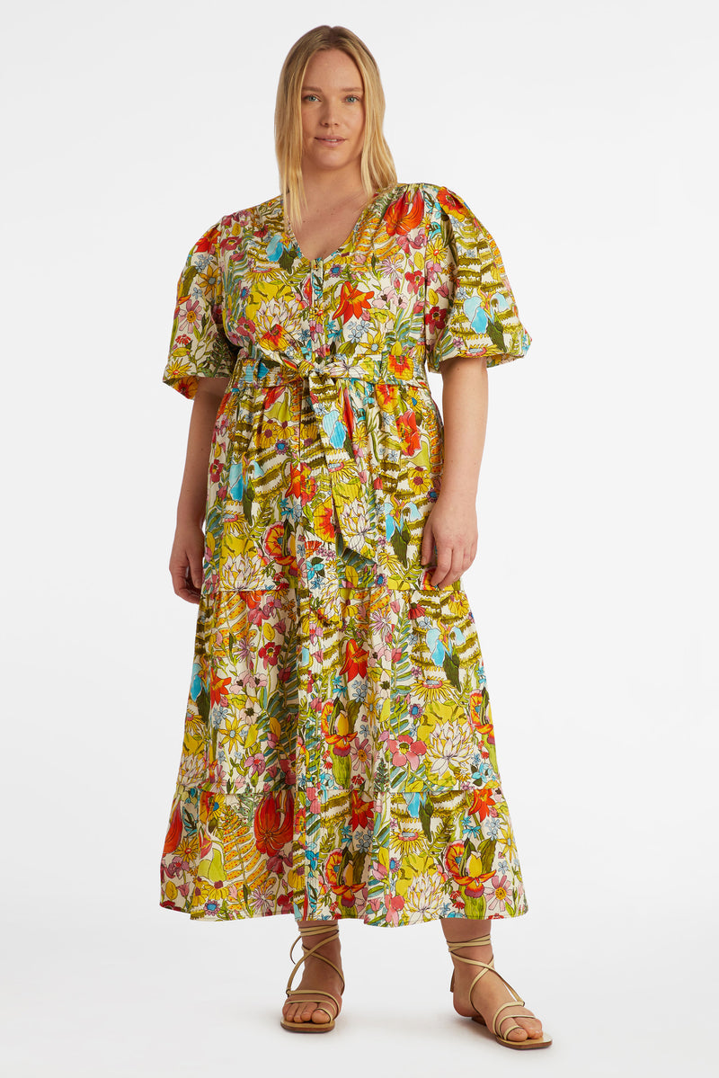 Multicolor floral maxi dress with v-neckline and short puff sleeves