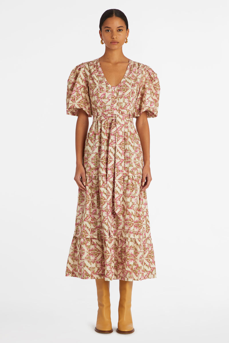 Midi dress with pink and brown geometric print