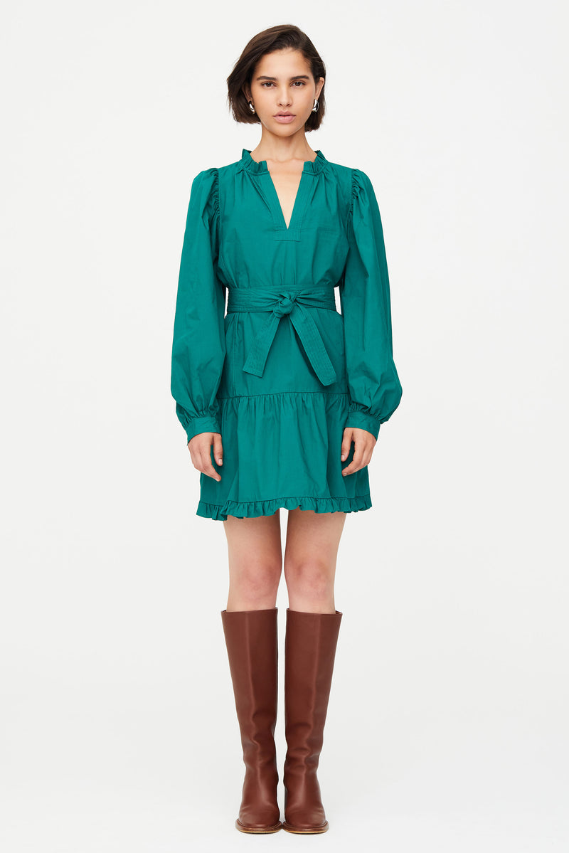 Solid green above the knee dress with long sleeves and v neckline 