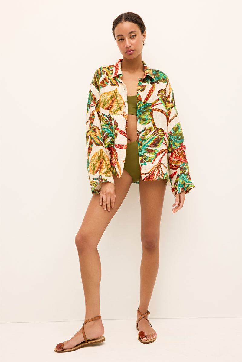 Oversized resort shirt with allover multicolor foliage pattern 