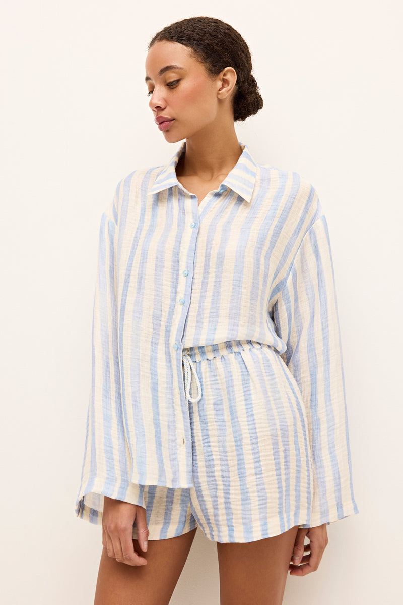 Lightweight linen blend button up shirt in blue and white stripes 