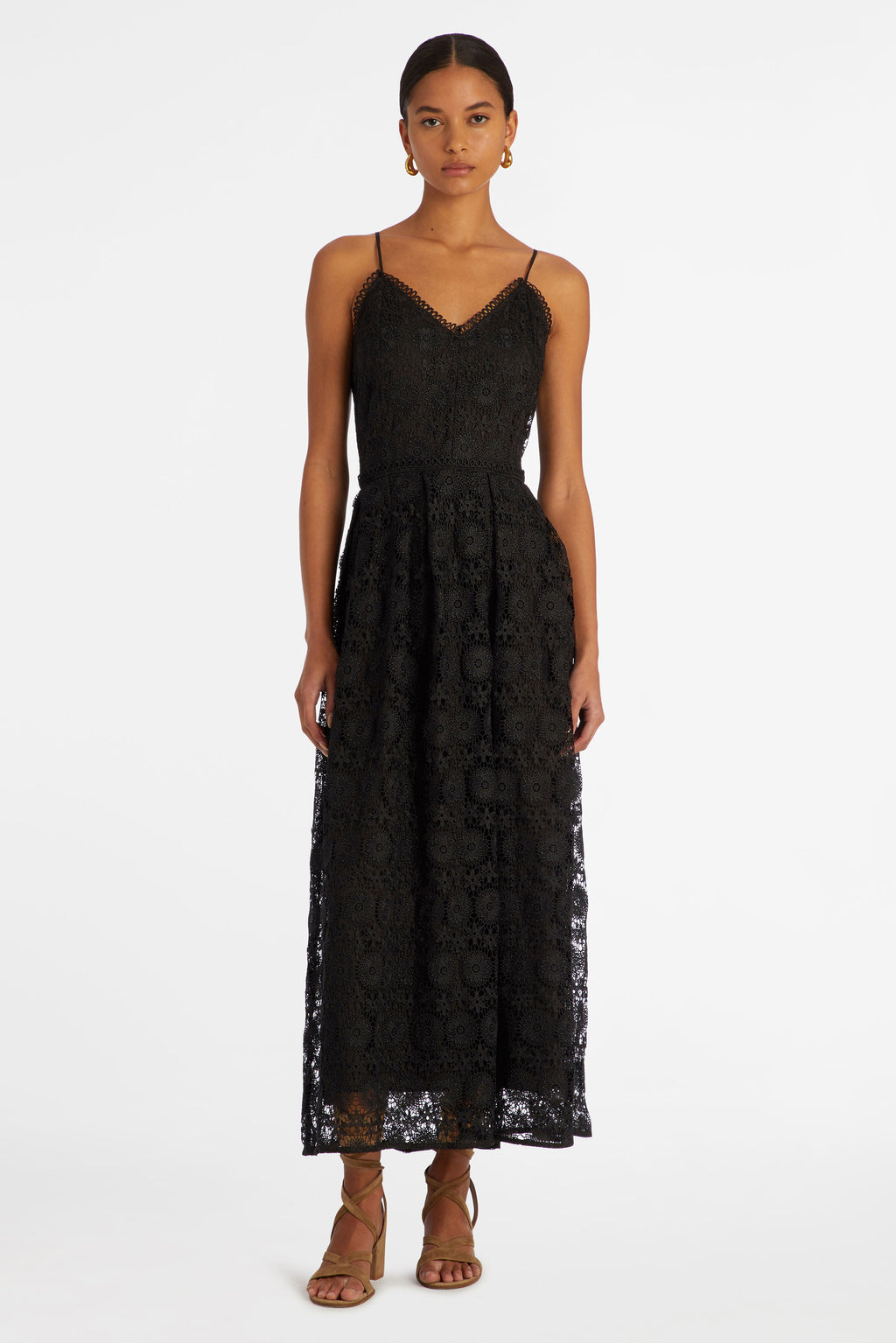 Black lace long dress with spaghetti straps and v-neckline