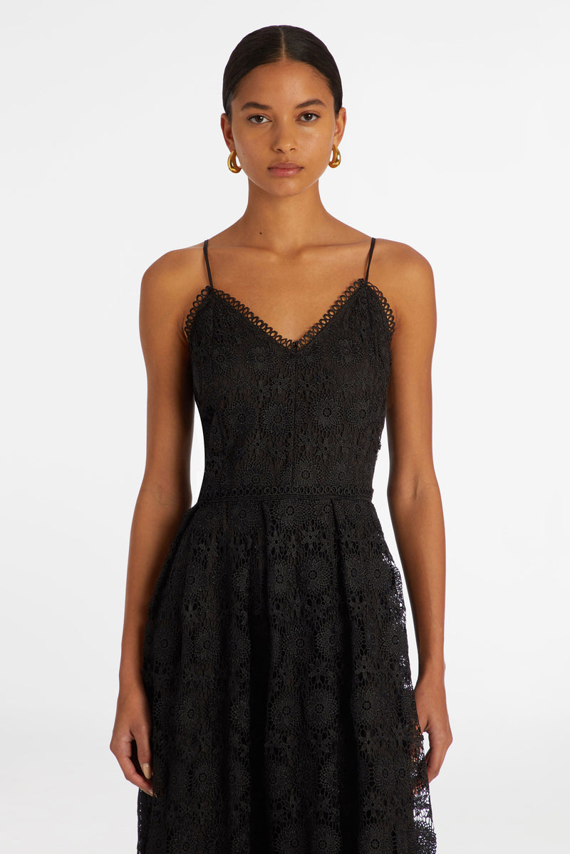 Long black lace dress with spaghetti straps