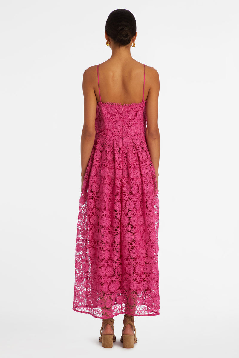 long lace pink dress with zip enclosure up the back 