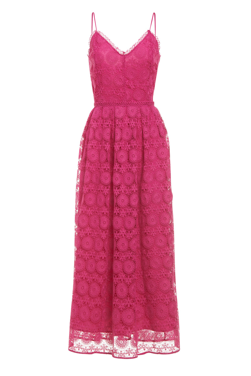 Hot pink long dress with lace overlay 