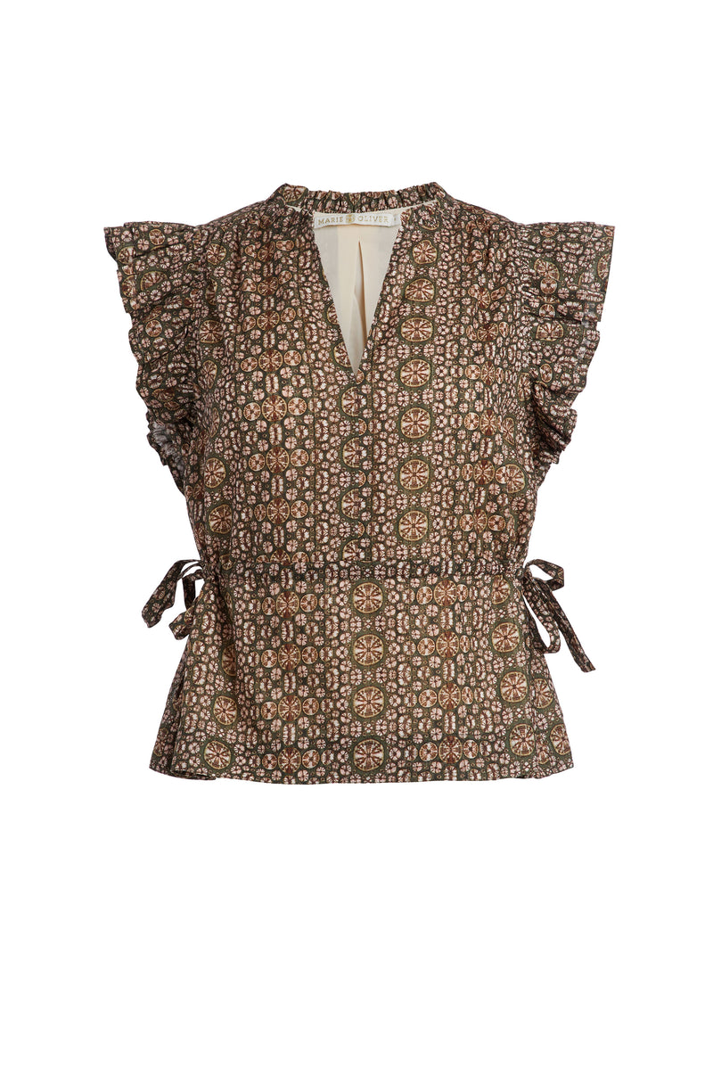 top with v-neckline and short ruffle sleeves that is adjustable at the waist