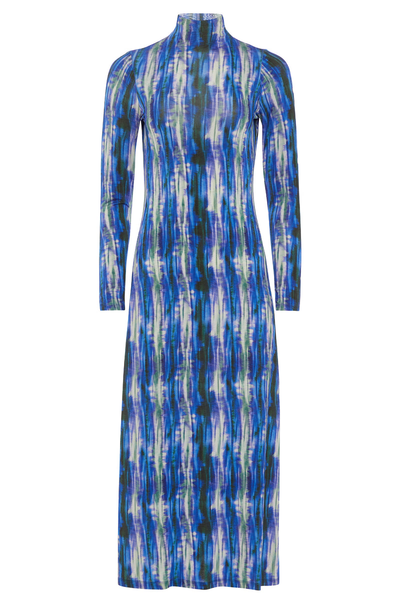 Blue toned patterned mock neckline long sleeve midi length dress 
