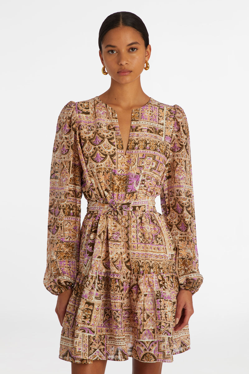 Long balloon sleeve dress with sash belt at the waist
