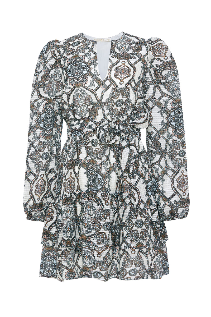 Short dress with long sleeves and a drop waist in an abstract neutral pattern 