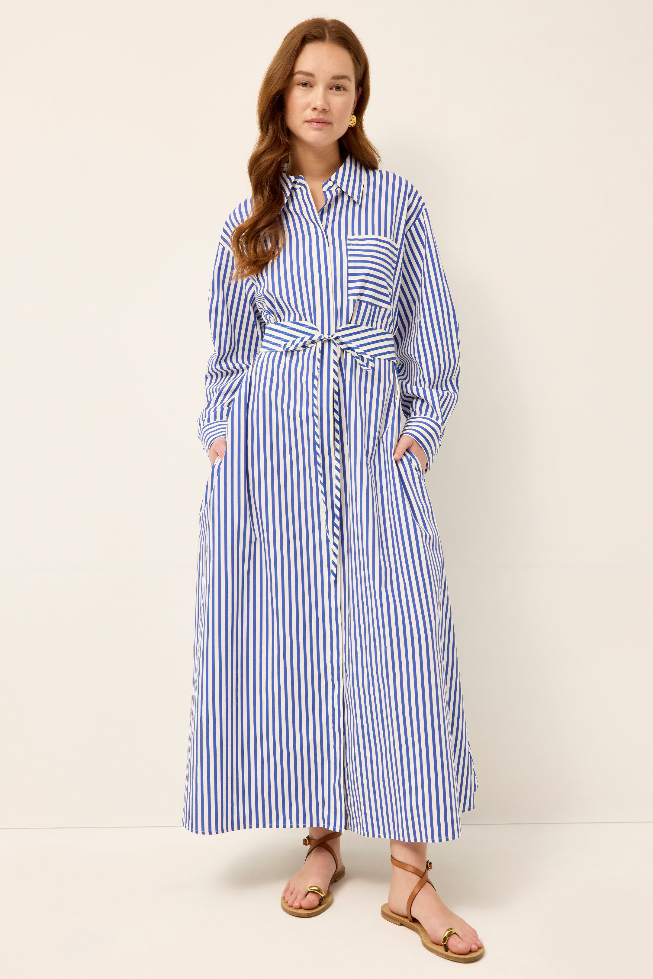 navy blue and white striped long sleeve dress La Ligne New York Sadie Striped V Neck Long Sleeve Midi Dress Navy Blue White S