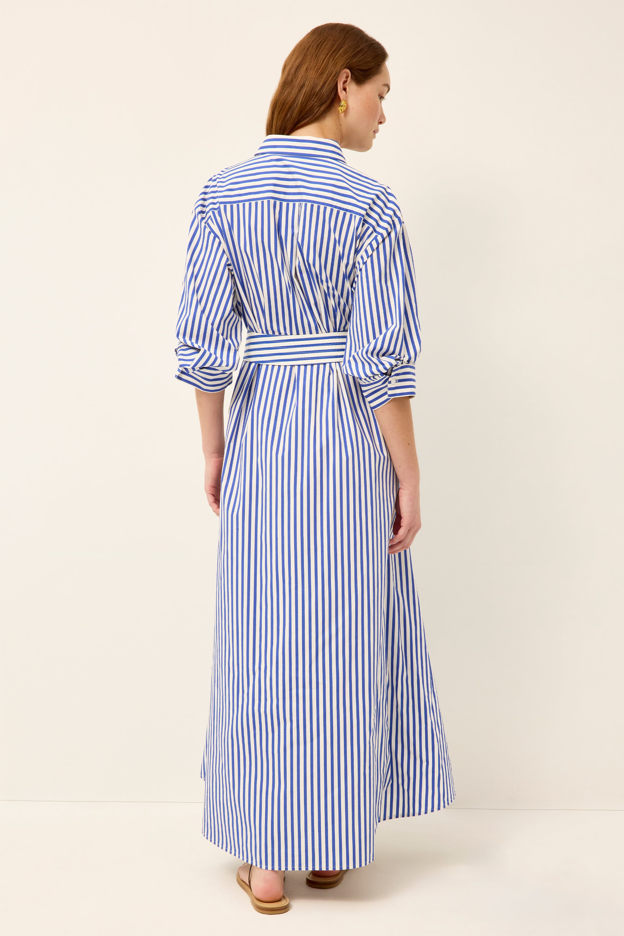 blue and white striped dress with sleeves Blue & White Striped Button Front Midi Dress Moda Boutique