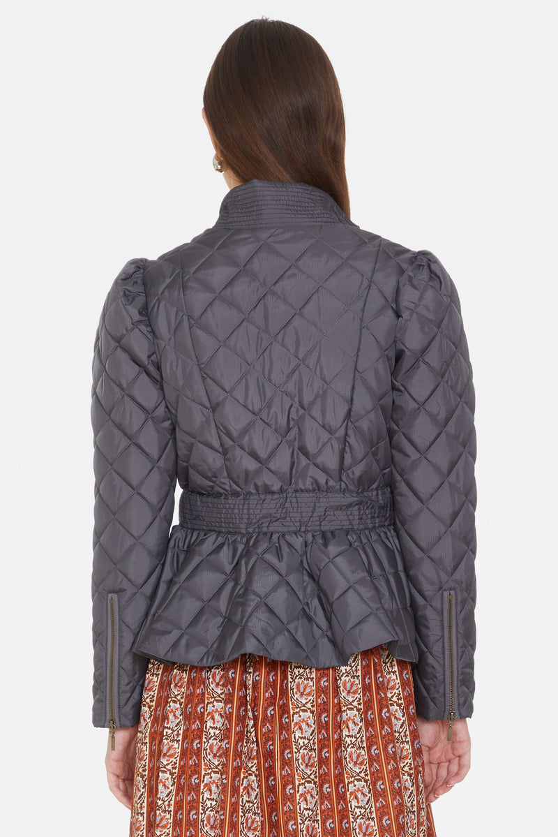 Deep grey colored quilted jacket with zipper and stand up collar 