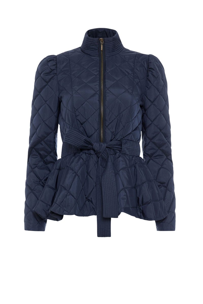 Solid color quilted jacket with stand-up collar and waist tie
