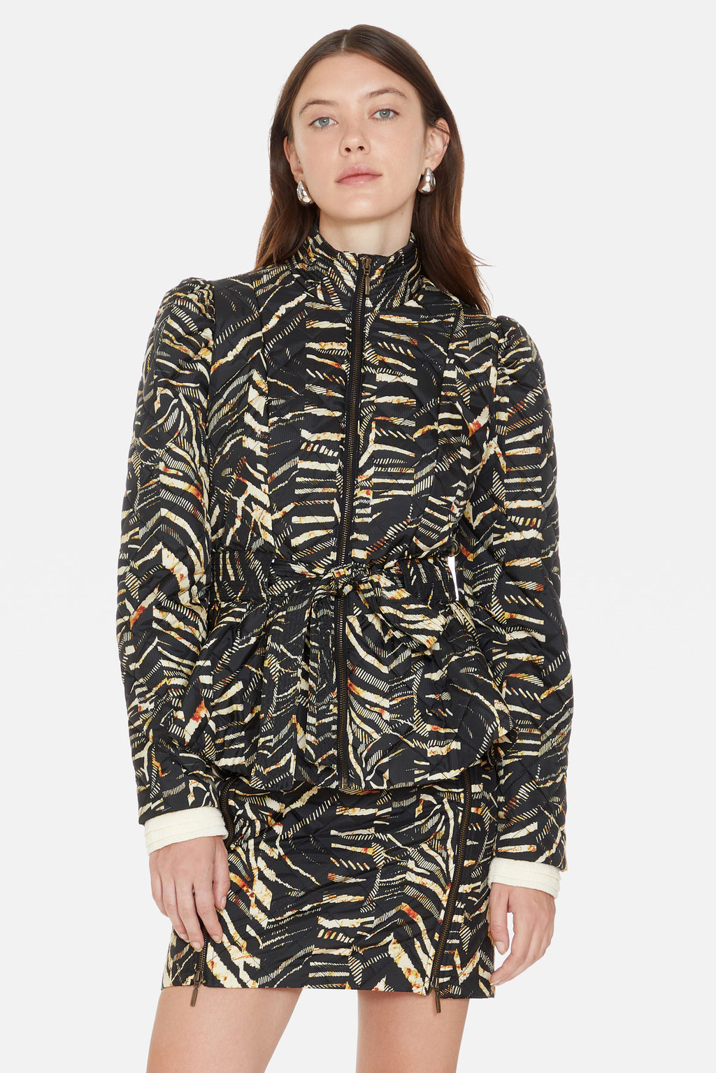 Zebra printed quilted jacket with stand-up collar and waist tie