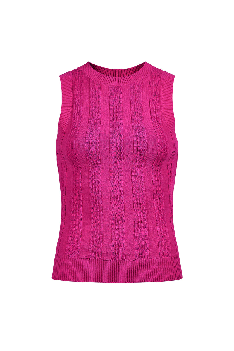 Hot pink knit top with a structured fit, vertical stitched design, and clean neckline 