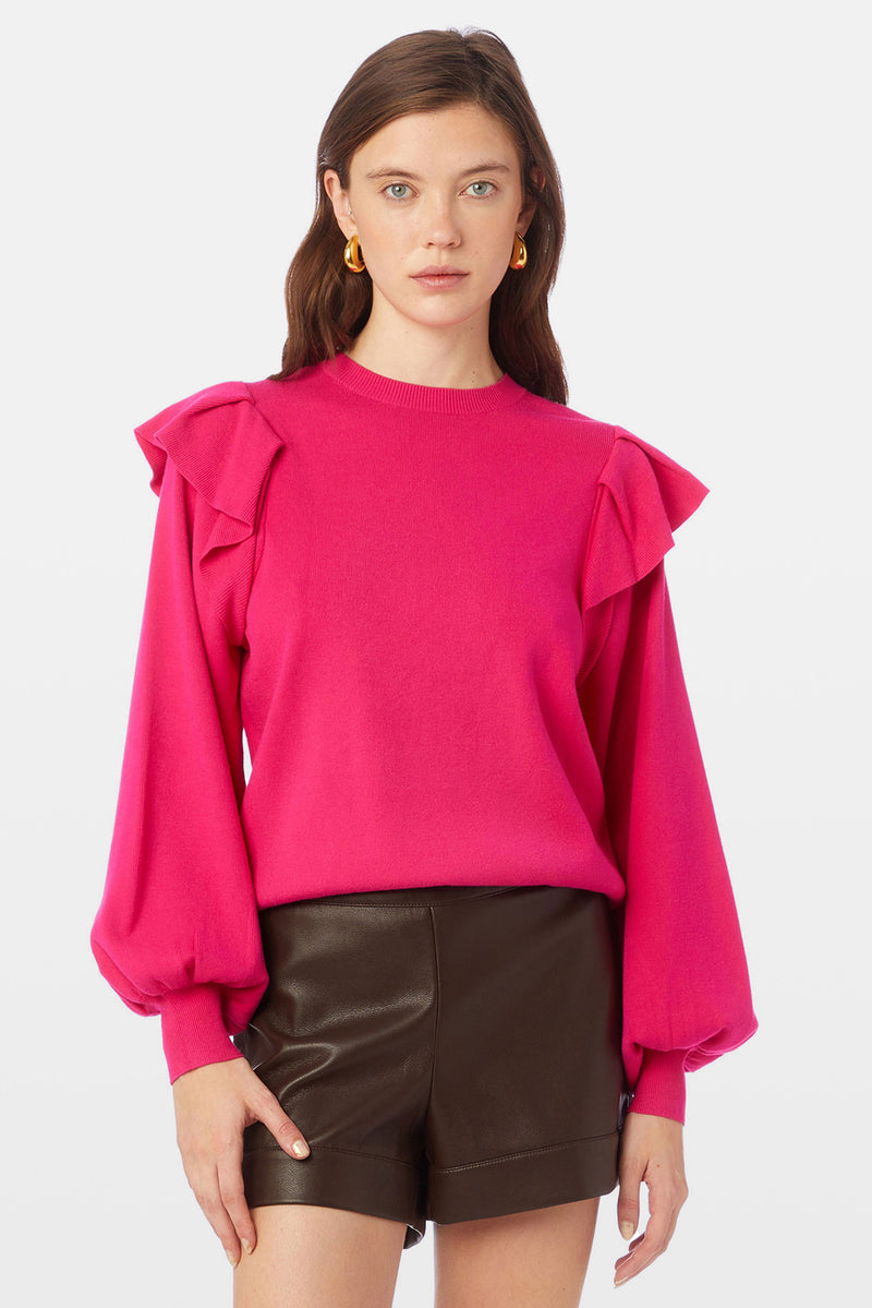 Ruffled shoulder long balloon sleeve shirt 