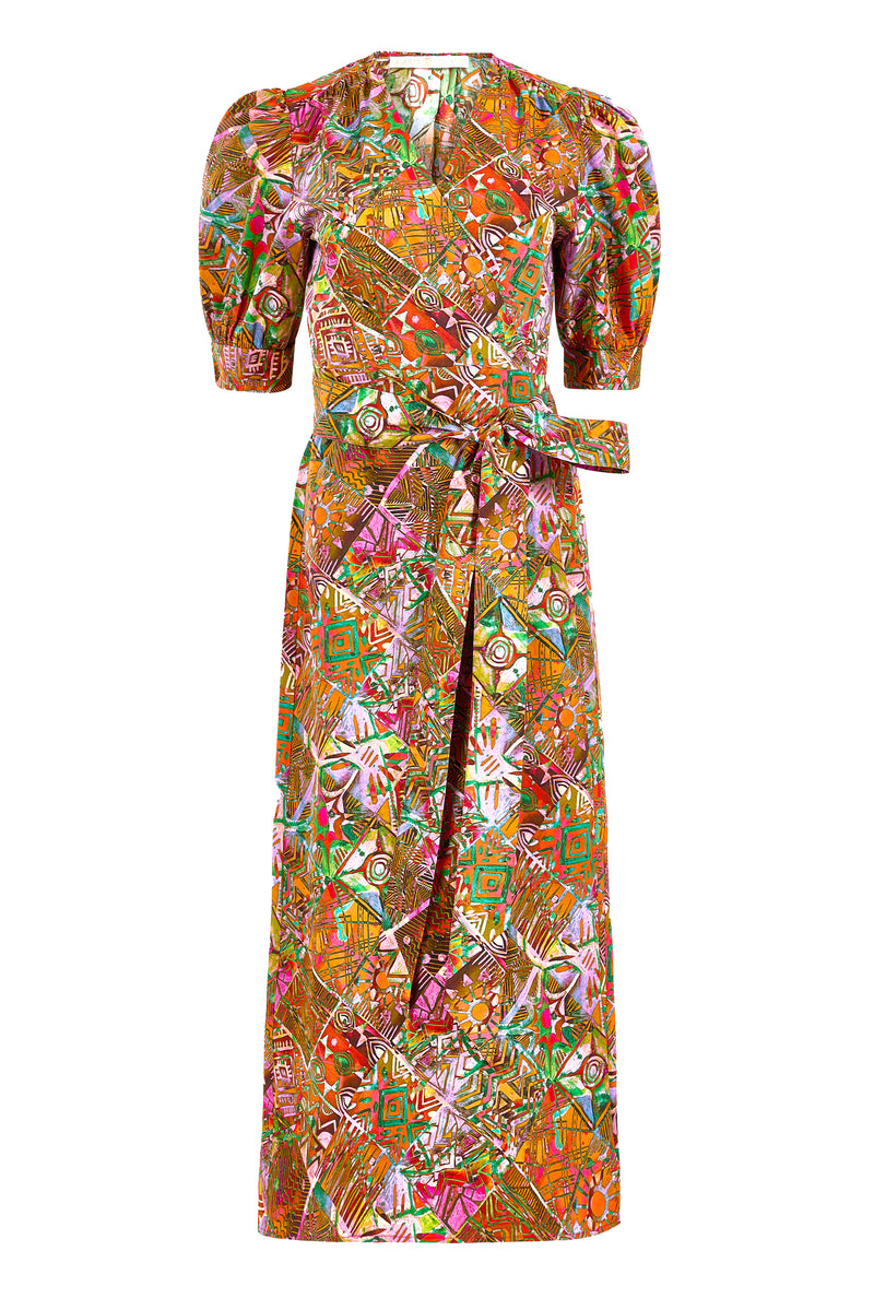 Eye catching midi dress with puffed sleeves and colorful cultural-inspired graphics
