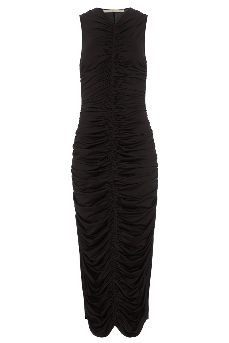 Form fitting sleeveless solid black ruched midi length dress 