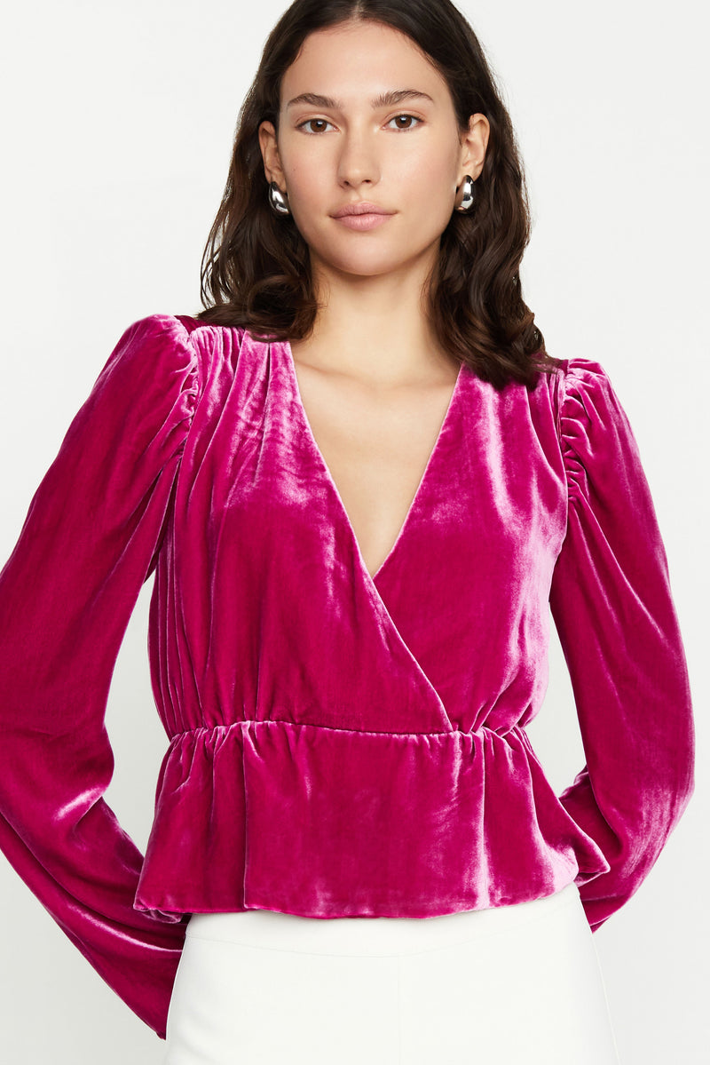 Peplum waist solid velvet blouse long tapered sleeve 