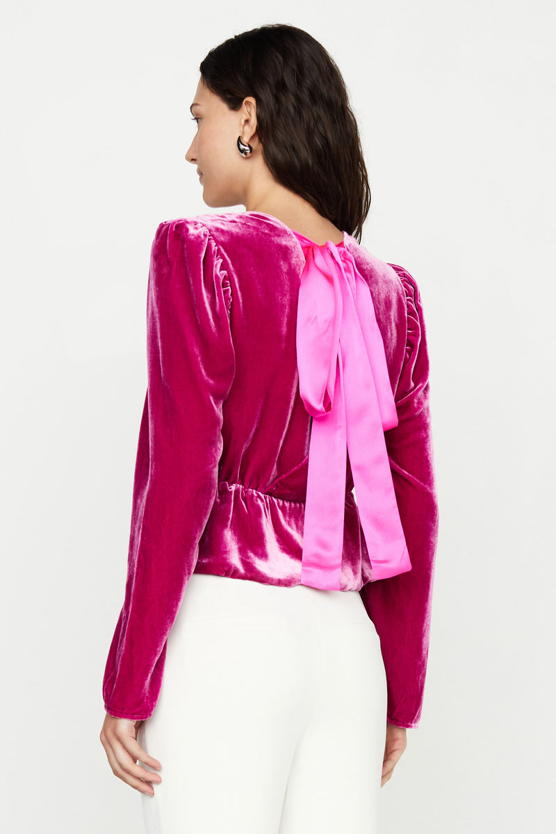 Long sleeve velvet blouse with satin back neck tie 
