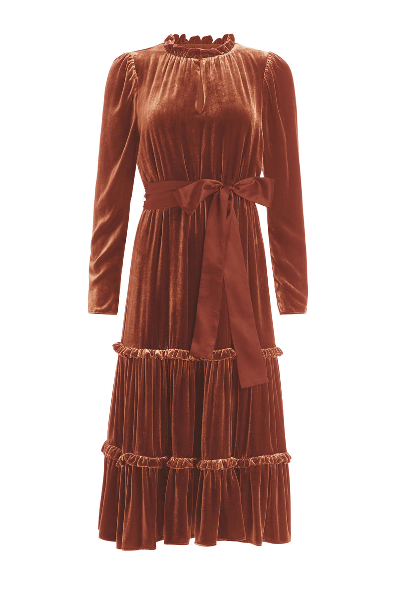 Long sleeve midi dress in a rust color velvet