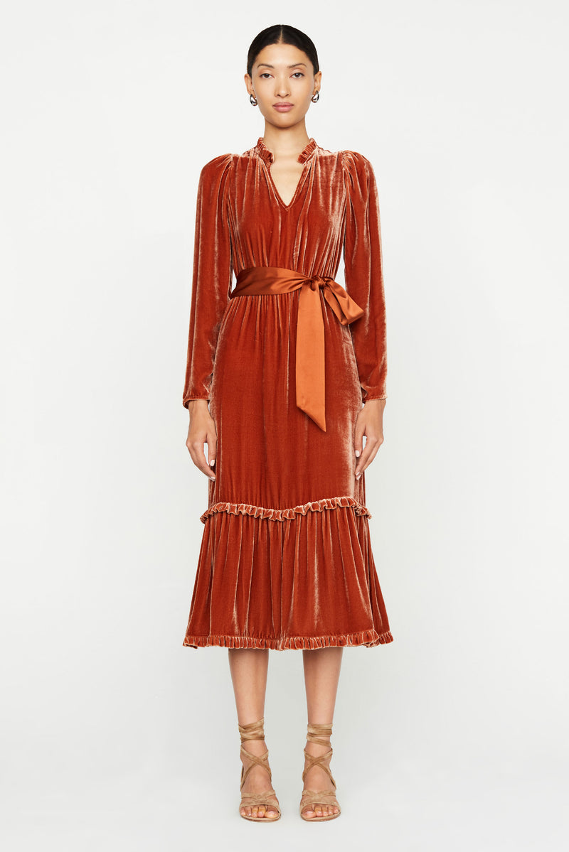 Long sleeve midi dress in a rust color velvet