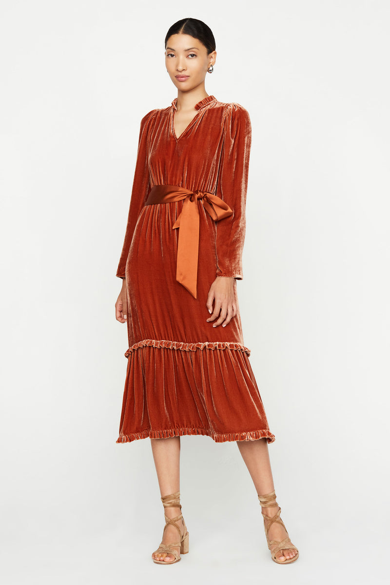Midi length velvet solid color dress with elastic waist and satin belt 
