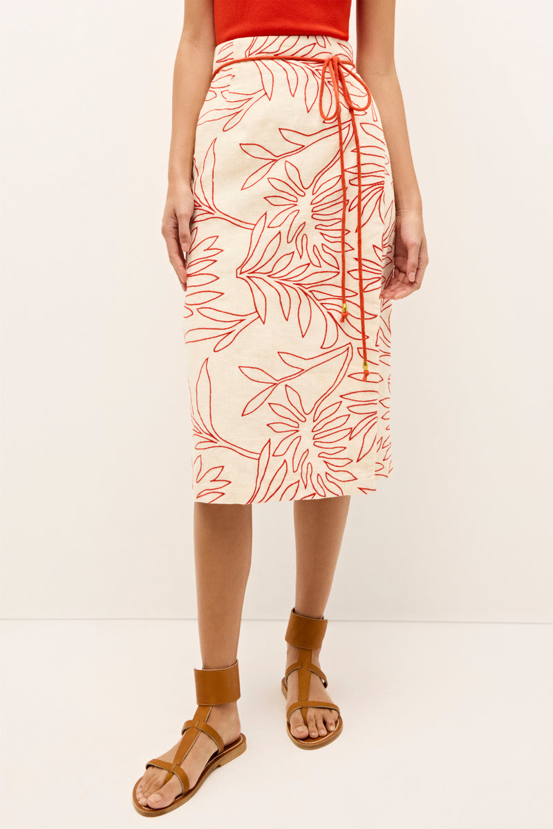 Straight cut linen skirt featuring oversized botanical outlines 