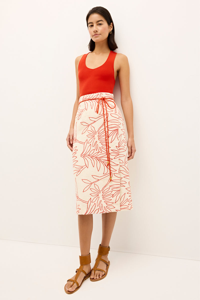 High waisted embroidered skirt with red drawstring belt detail