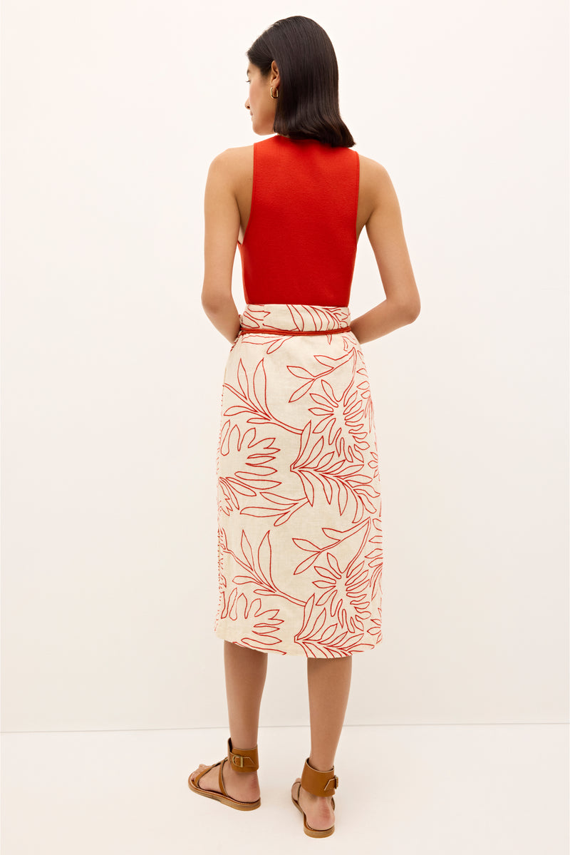 Mid length skirt in neutral base with abstract leaf motifs 