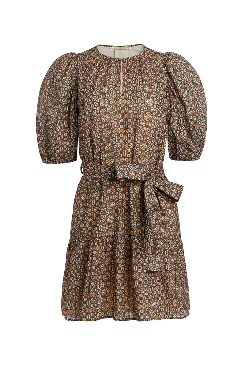 Earth tone neutral dress with belted bow 