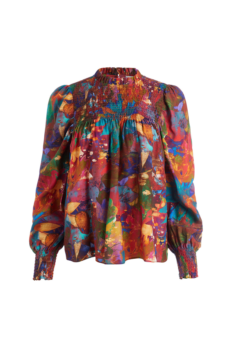 Puffed shoulder patterned blouse with long sleeves 
