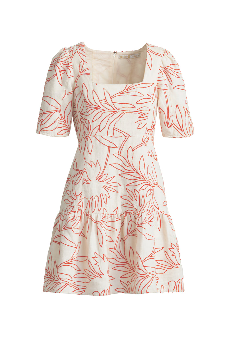 Casual feminine dress with puff sleeves, tiered skirt, and bold red line art print