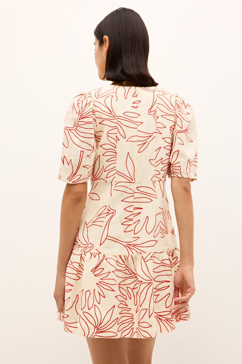 Linen summer dress with short sleeves and red abstract leaf embroidery 