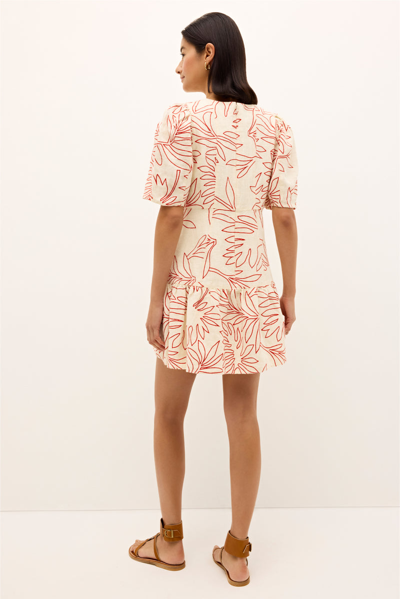 Fit and flare mini dress with voluminous sleeves and red nature inspired print
