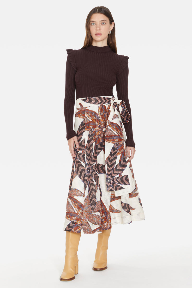 A-line, midi wrap skirt in a geometric floral print