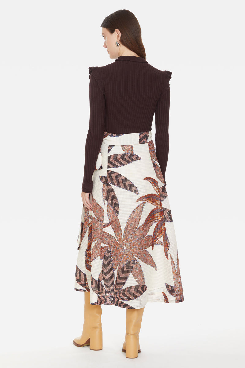 Long wrap skirt with long sash belt in a brown and red floral print 