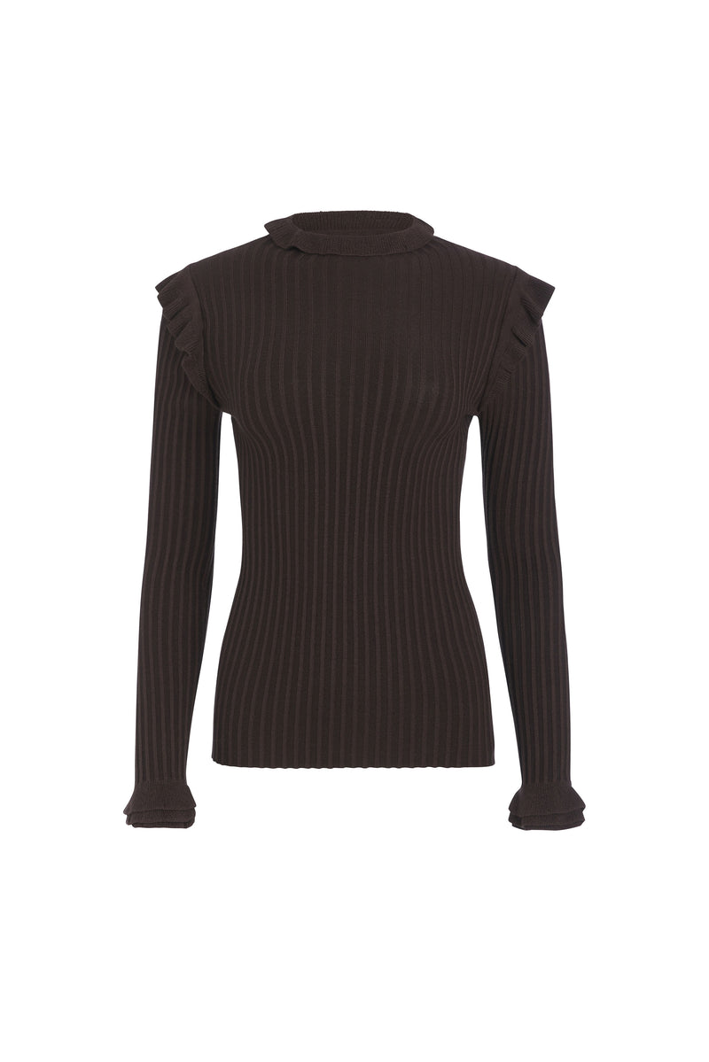 Dark Brown ribbed turtleneck with ruffle detailing on the shoulder, wrist, and collar