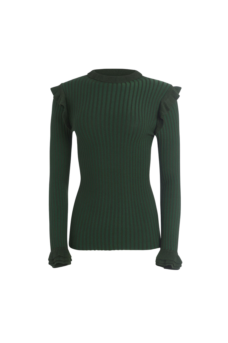 Dark green ribbed turtleneck with ruffle detailing on the shoulder, wrist, and collar