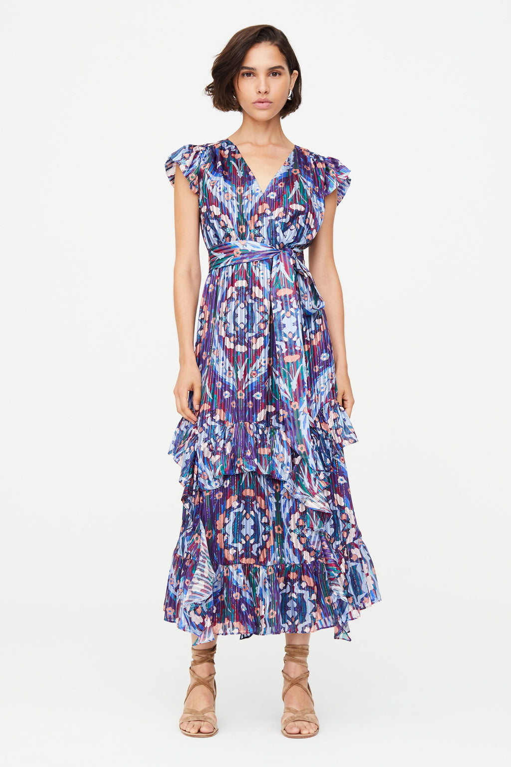 Midi patterned dress with ruffle sleeves 