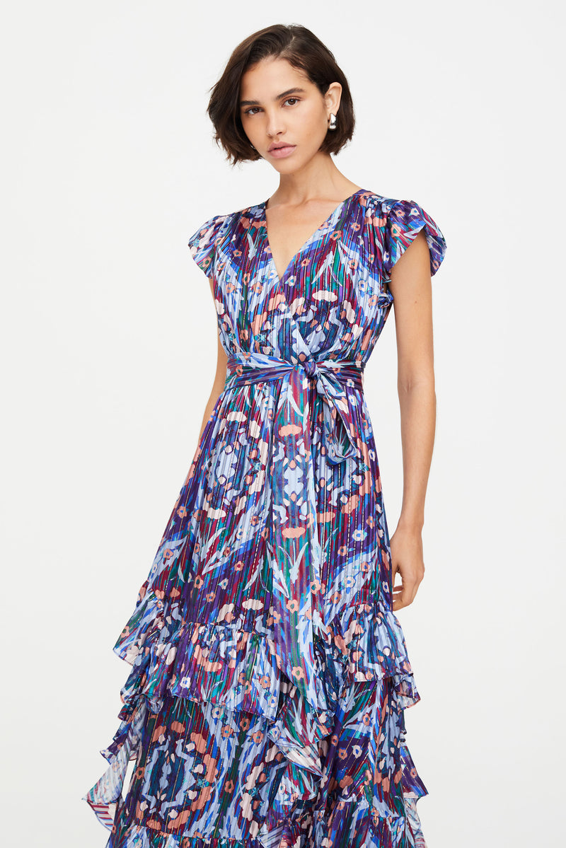 Midi dress with ruffled sleeves and tiered ruffled skirt 