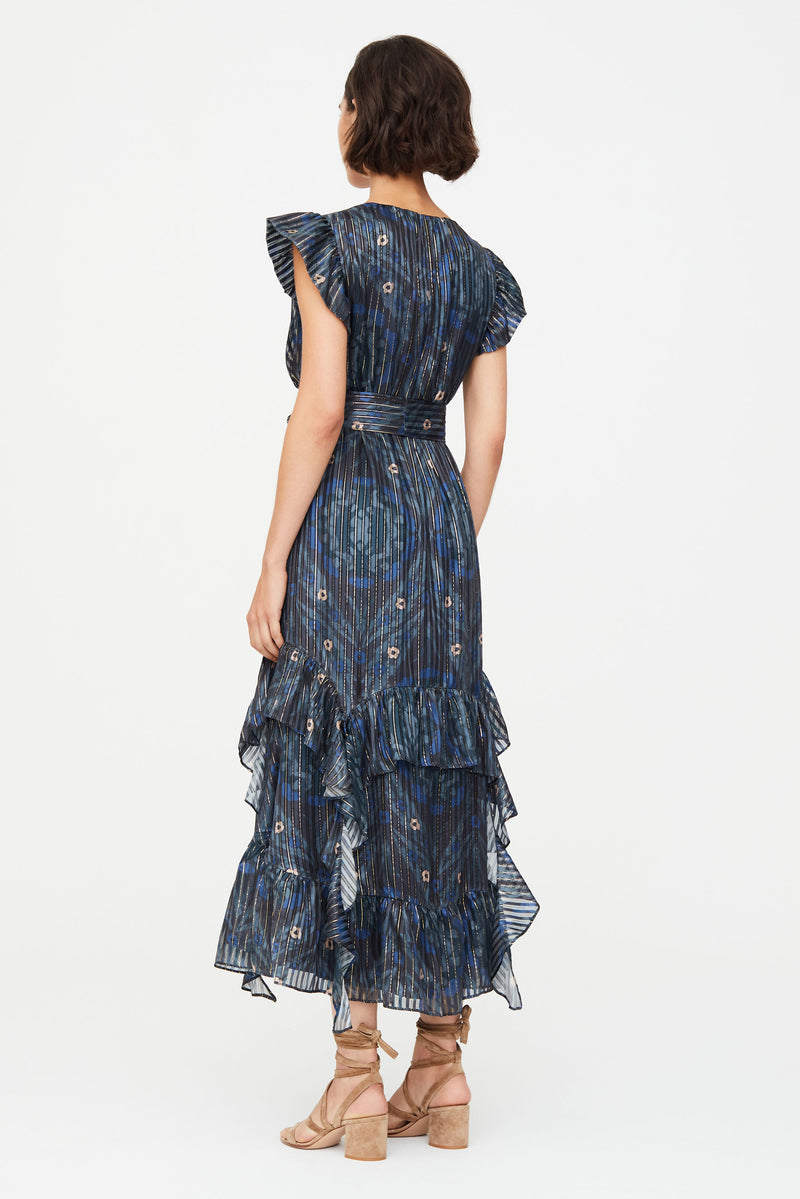 Midi dress with ruffled sleeves and tiered ruffled skirt 