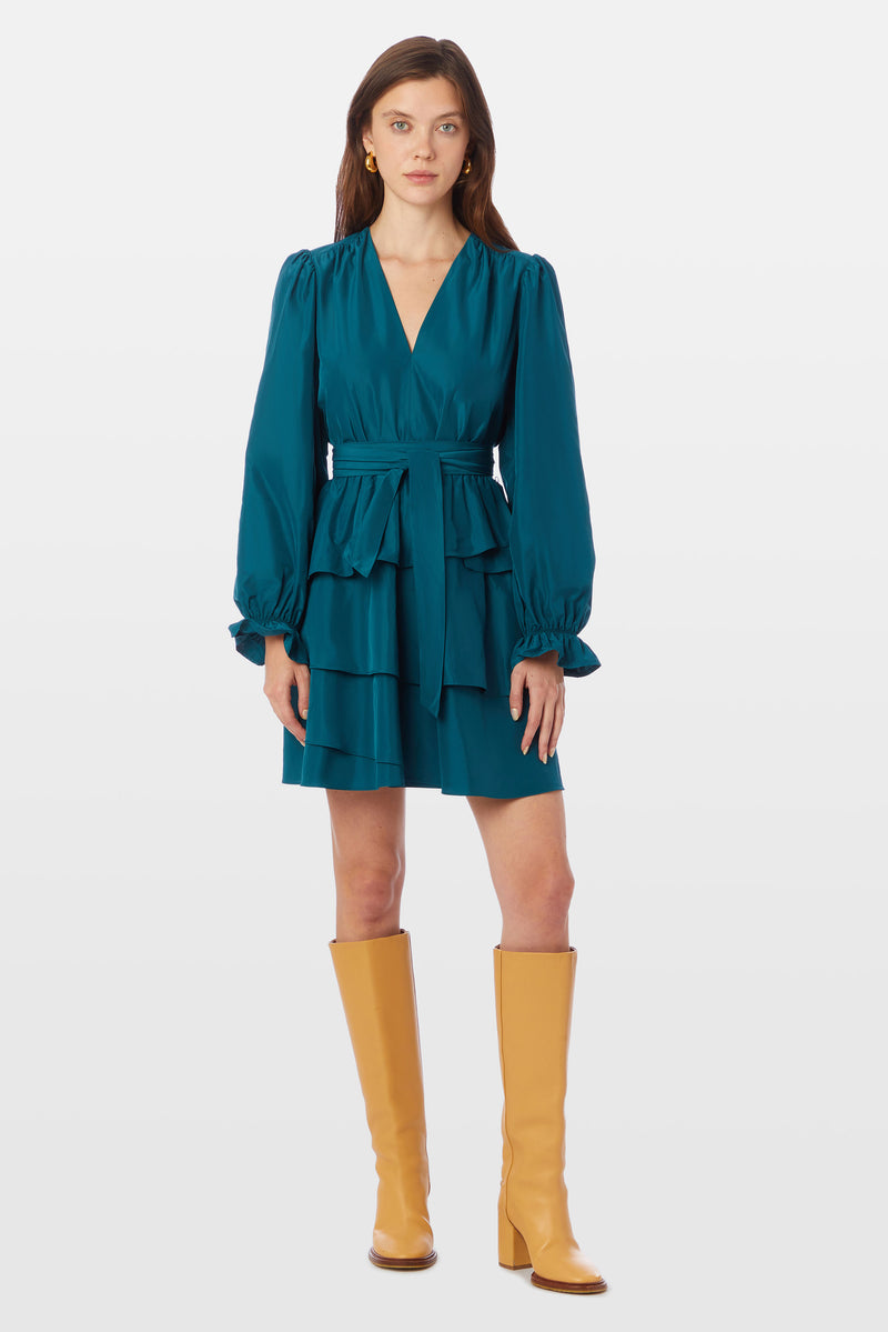 V-neck short dress with ruffle cuff long sleeves and an optional tie belt