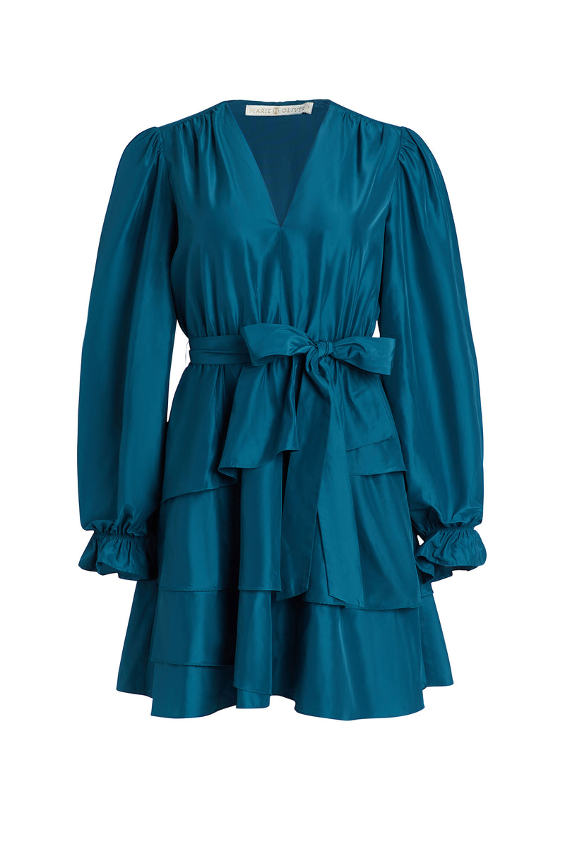 Short dress with long sleeves and optional adjustable belt at the waist in a deep blue color 