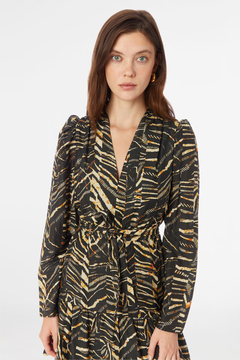 Long sleeve mini dress with long sleeves, optional tie belt, and cinched waist