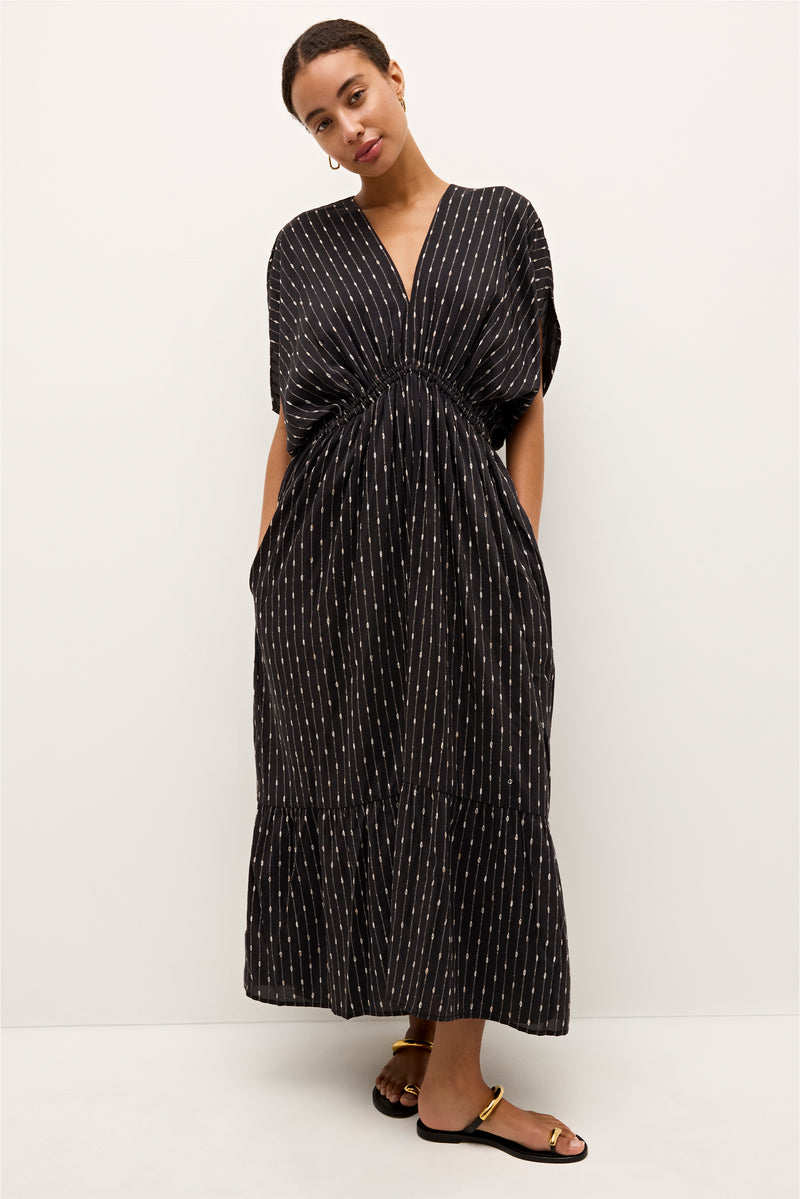 Relaxed fit black midi dress with white vertical stripes and a gathered waist 