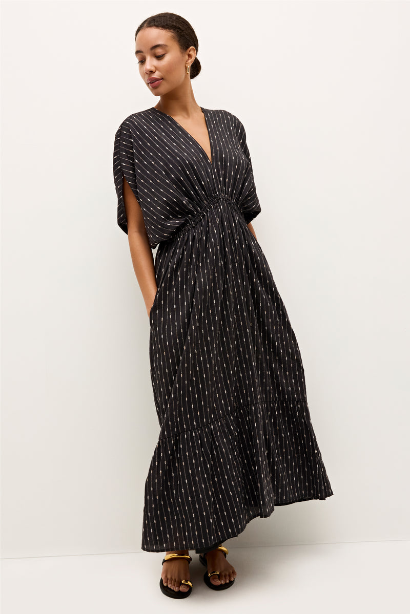 Boho inspired V-neck dress featuring cap sleeves and a flowy tiered skirt 