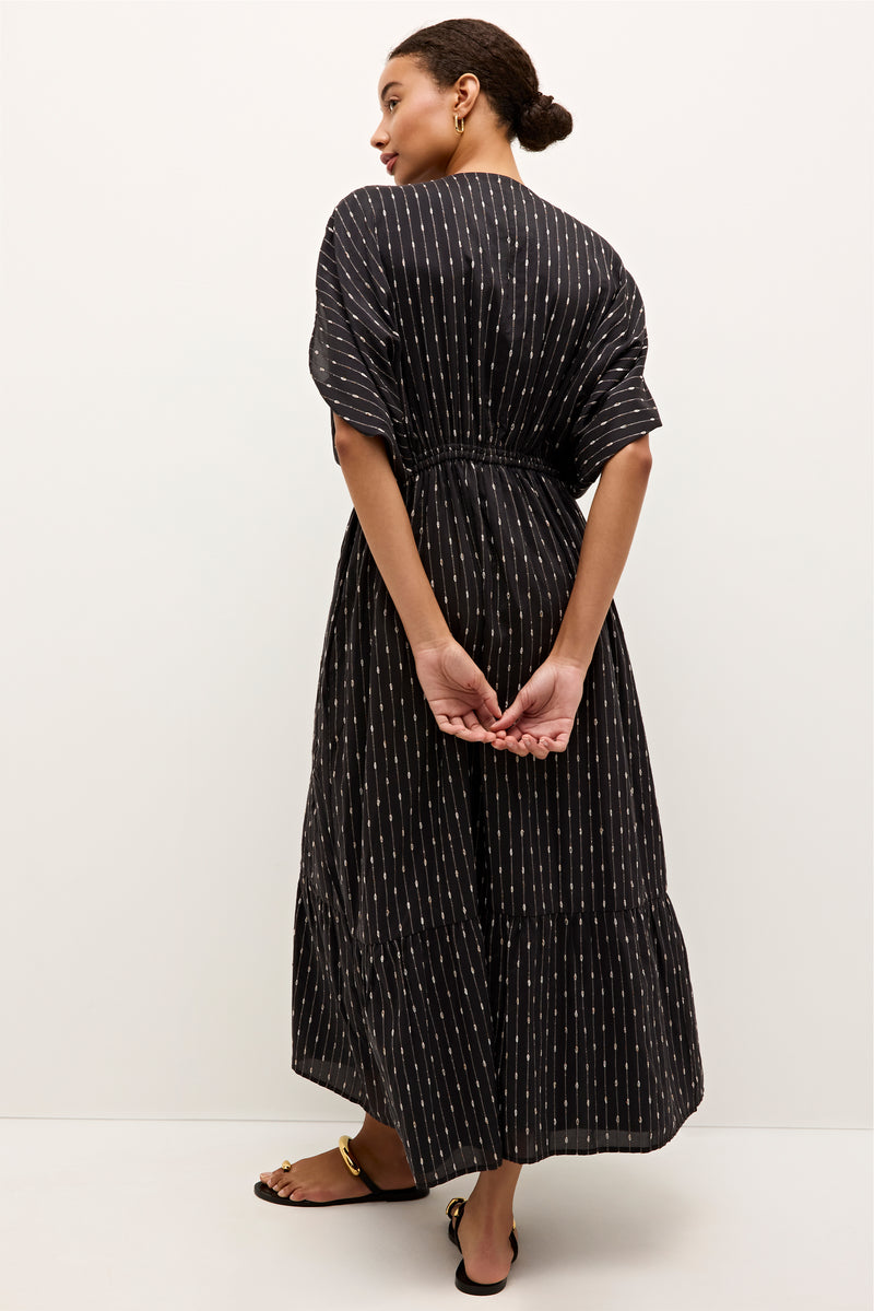 East wear midi dress with pinstripe print and deep V-line 