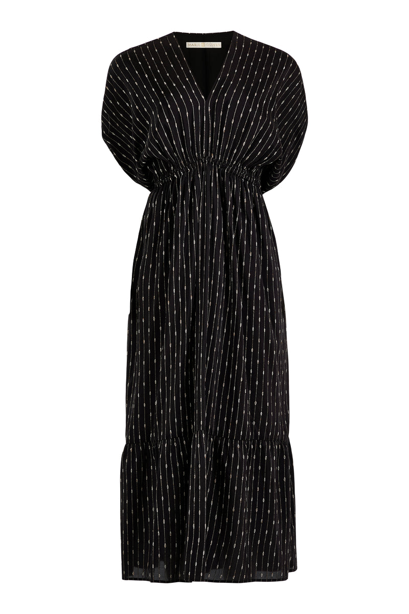 Striped summer dress with short sleeves gathered detailing, and side pockets 