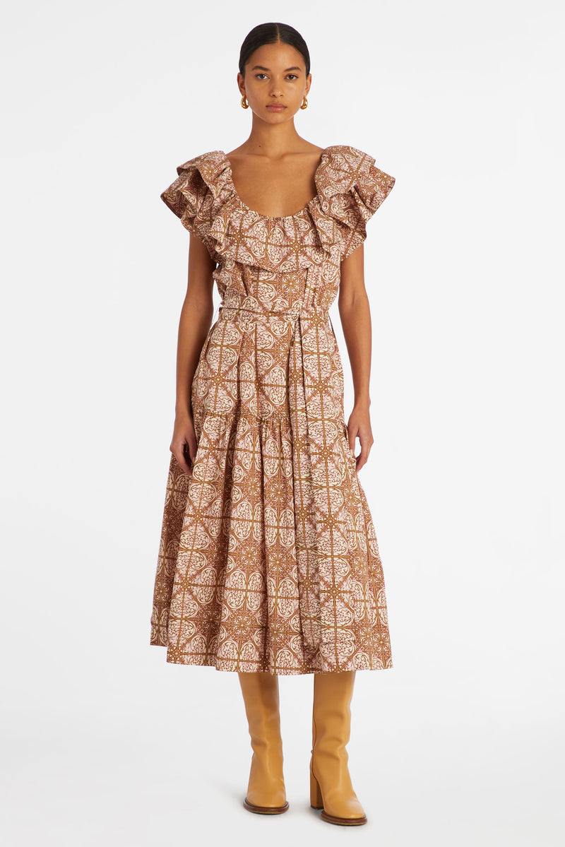 Midi dress with rounded ruffled neckline